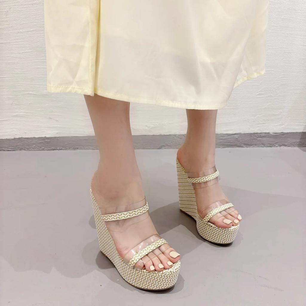 Fashion Sexy Peep Toe PVC Transparent Wedge Hige Heel Slippers for Women 2024 Summer New Bling Solid Platform Sandals Elegant Party Shoe