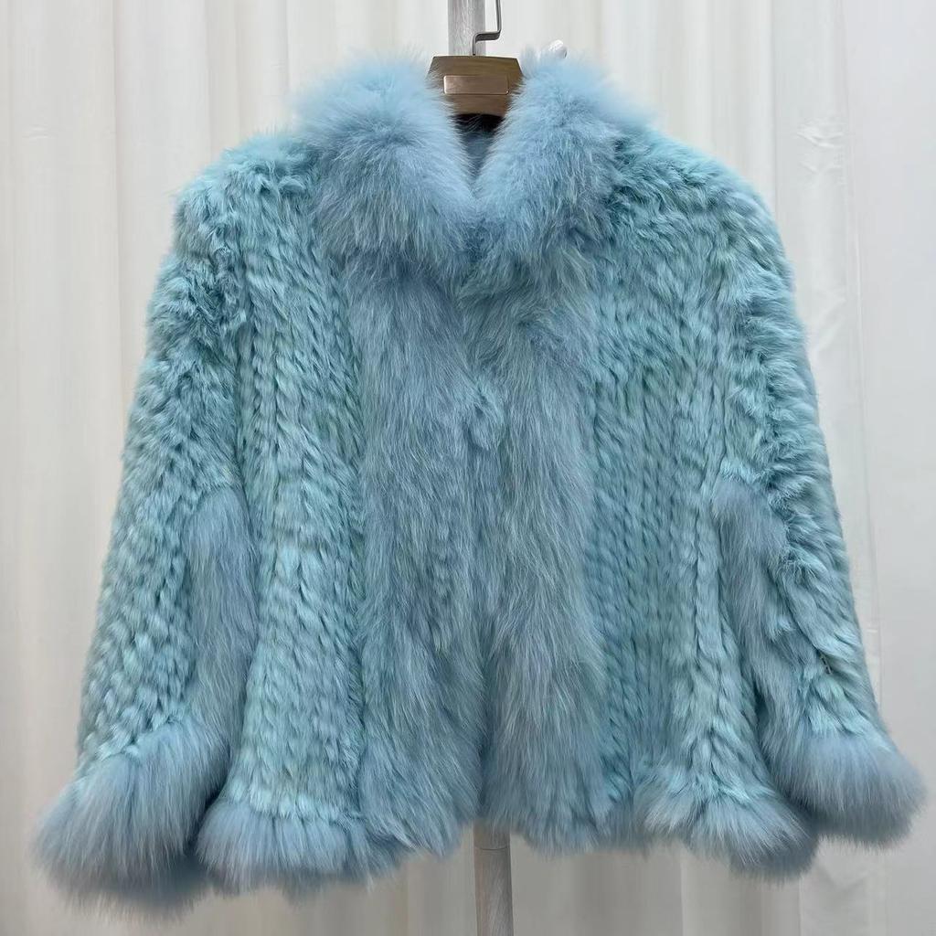 Real Rabbit Fur Braided Coat for Women Short Style Young Coat Fox Fur Bat Sleeve Shawl