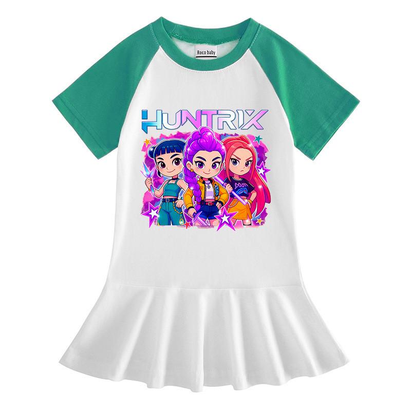 Girls Kpop Rumi Mira Zoey Hunters Print Raglan Ruffle Pleat Dress