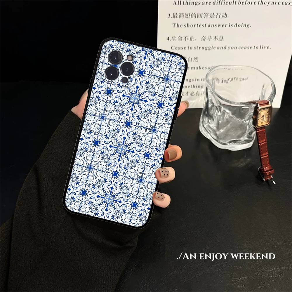 Portuguese Glazed Tiles Phone Case For IPhone 17 16 15 14 13 12 11 Pro Max Plus Mini Soft Black Cover