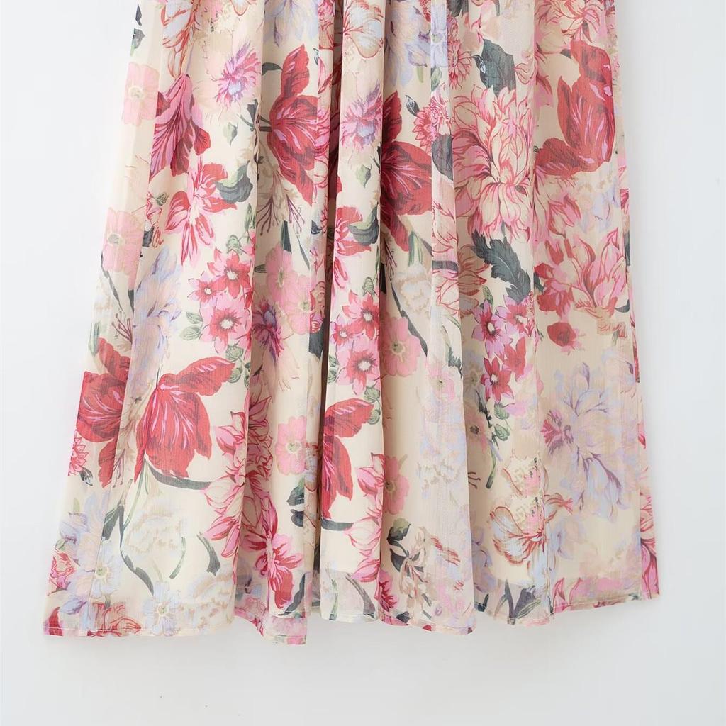 Весеннее платье миди с цветочным принтом, поясом, воротником-бантом и длинными рукавами для женщин.