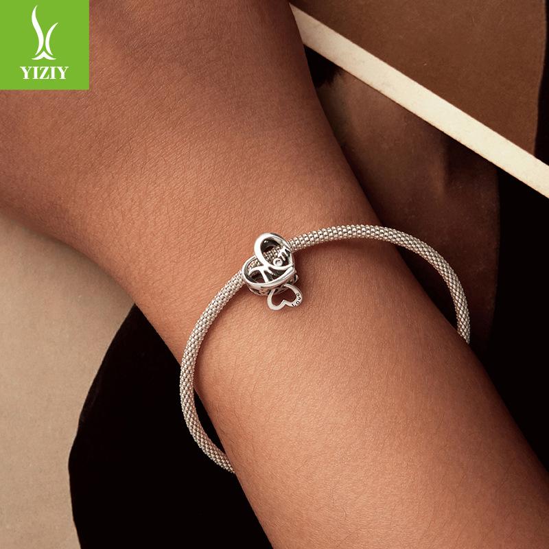 Mother'S Day Double Heart Beaded Mom Cross-Border 925 Silver Love-Shaped String Beads Diy Bracelet Accessories