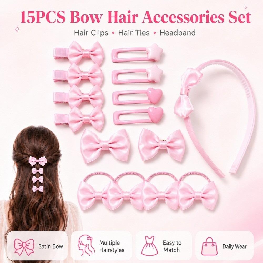 15Pcs/Set Lightweight Bow Hair Clips Satin Bow Hair Ties New Bow Headband Girls Gifts