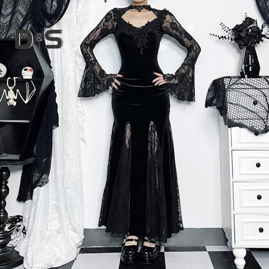 Женское платье для косплея в темном стиле, костюм для Хэллоуина, кружевное лоскутное шитье, цветочная вышивка, рыбий хвост, подол, длинные рукава, узкая талия, трапециевидная форма.