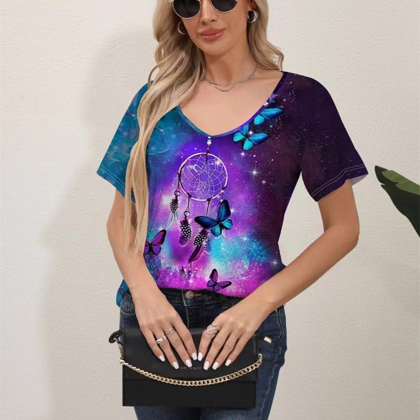 Женская футболка с 3D-цифровой печатью, свободный свитер с V-образным вырезом и коротким рукавом