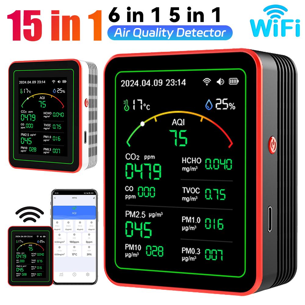 WiFi 15-в-1 Монитор качества воздуха TFT-дисплей Измеритель CO2 Детектор углекислого газа PM2.5 PM1.0 TVOC HCHO Тестер температуры и влажности