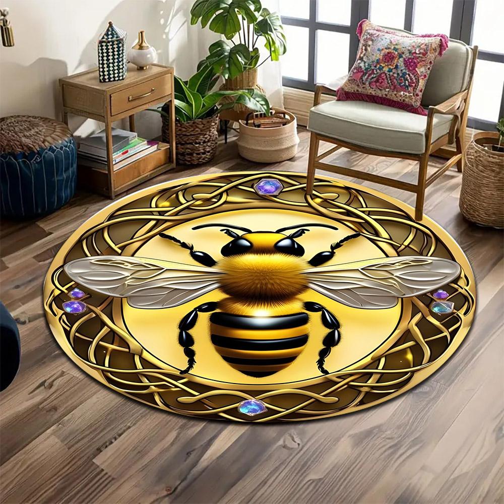 Golden Bee with Celtic Knot Border Print round rug, living room, bedroom, playroom carpet, non slip floor mat, gift