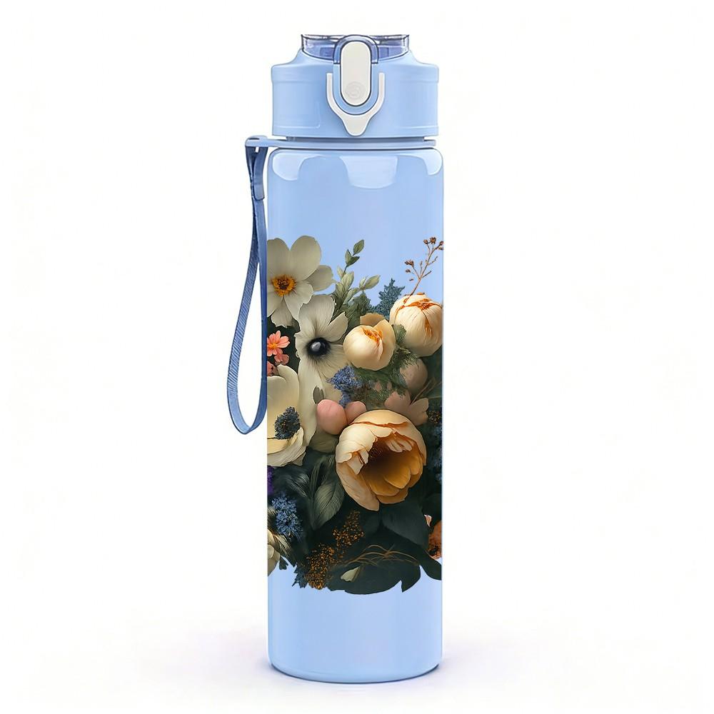 1PC Wild Floral Bouquet Pattern 750ml Color Plastic Sports Water Bottle Leakproof Flip Straw Lid Suitable for Sports Office Home Use