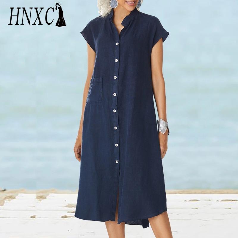 HNXC Женская мода лето весна однотонный принт поло воротник высокая талия повседневные платья