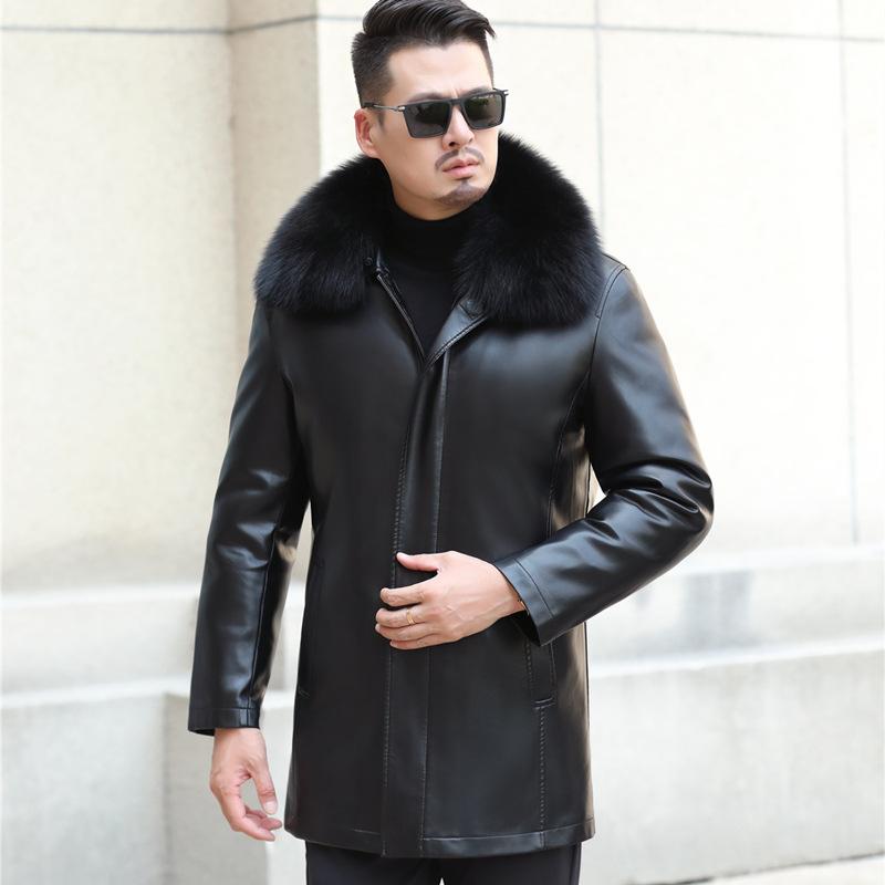Средний и длинный пуховик Мужская кожаная куртка с лацканами Утолщенная куртка Повседневная зимняя куртка