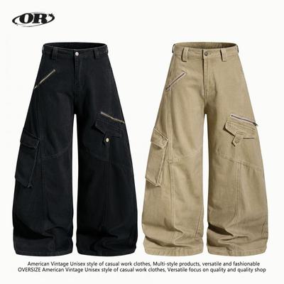 Unisex Relaxed Fit Cargo Pants Vintage Washed Cotton Utility Trousers Wide Leg Workwear Style