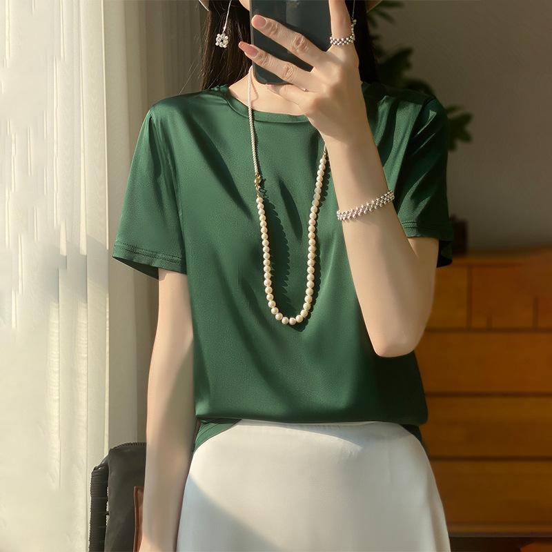 Spring and Summer Women's T-shirt Silk Loose Round Neck Solid Colour Temperament Short-sleeved T-shirt Tops