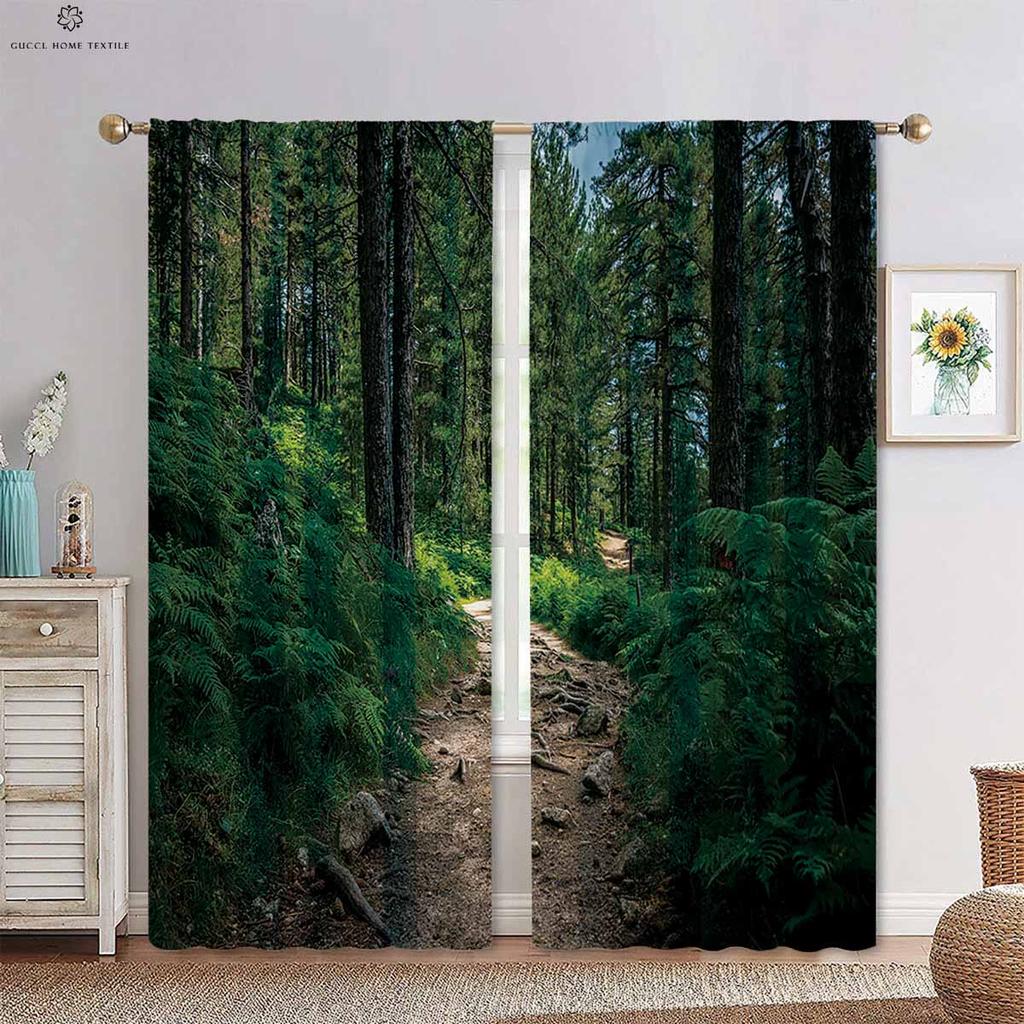 Green Forest Autumn Woods 3d Printing Curtains Tyndall Effect Bedroom Living Room Kitchen Decorative Curtains 2 Pieces