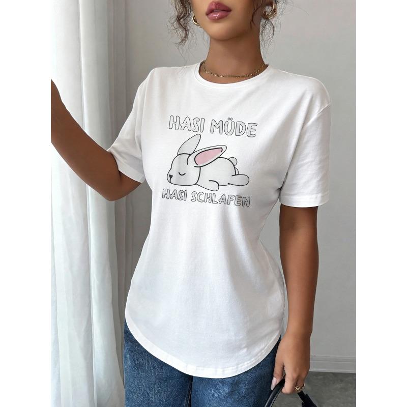 Hasi Mude Hasi Schlafen Bunny German Graphic Print T-Shirt | Short Sleeve Crew Neck Casual Top for Summer & Spring,