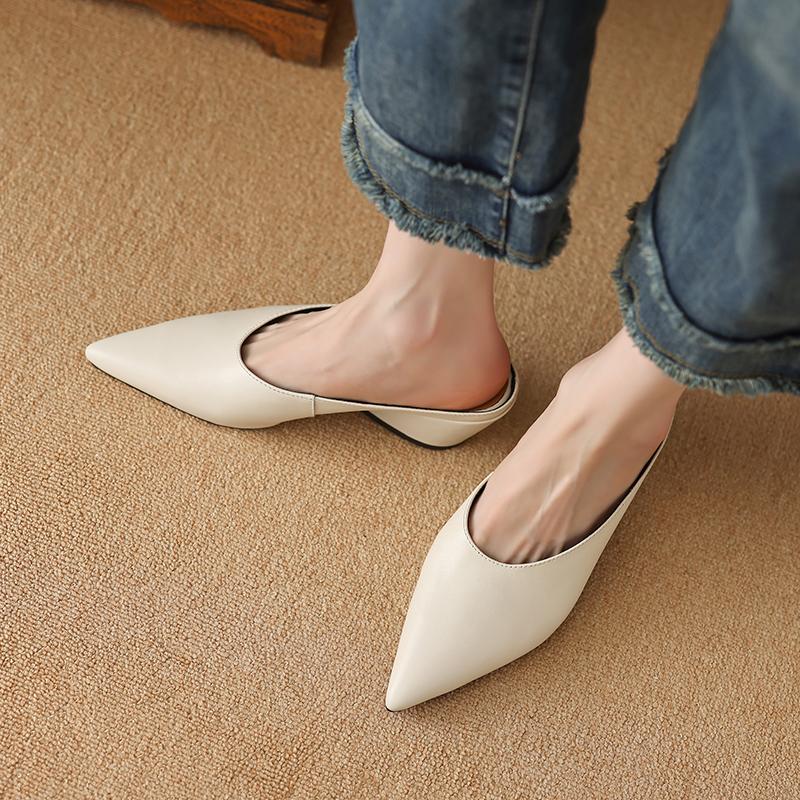 Fashion 2025 Summer Women Shoes Genuine Leather Pointed Toe Women Sandals Solid Modern Sandals for Women Shaped Heel Women's Mules Shoes