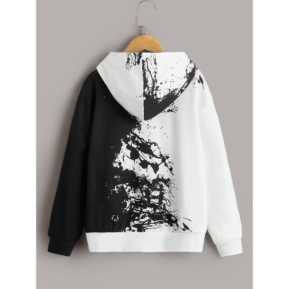 Модный черно-белый принт с буквами, универсальный, с длинными рукавами и капюшоном для мальчиков, детский топ с капюшоном, подходящий для повседневной одежды на открытом воздухе