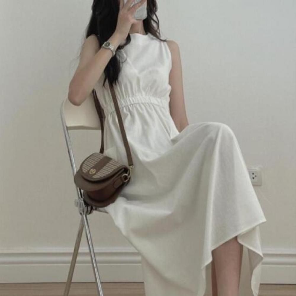 New Arrivals Open Run Women Long Dress Summer Pleated Detail White Nk Dr01