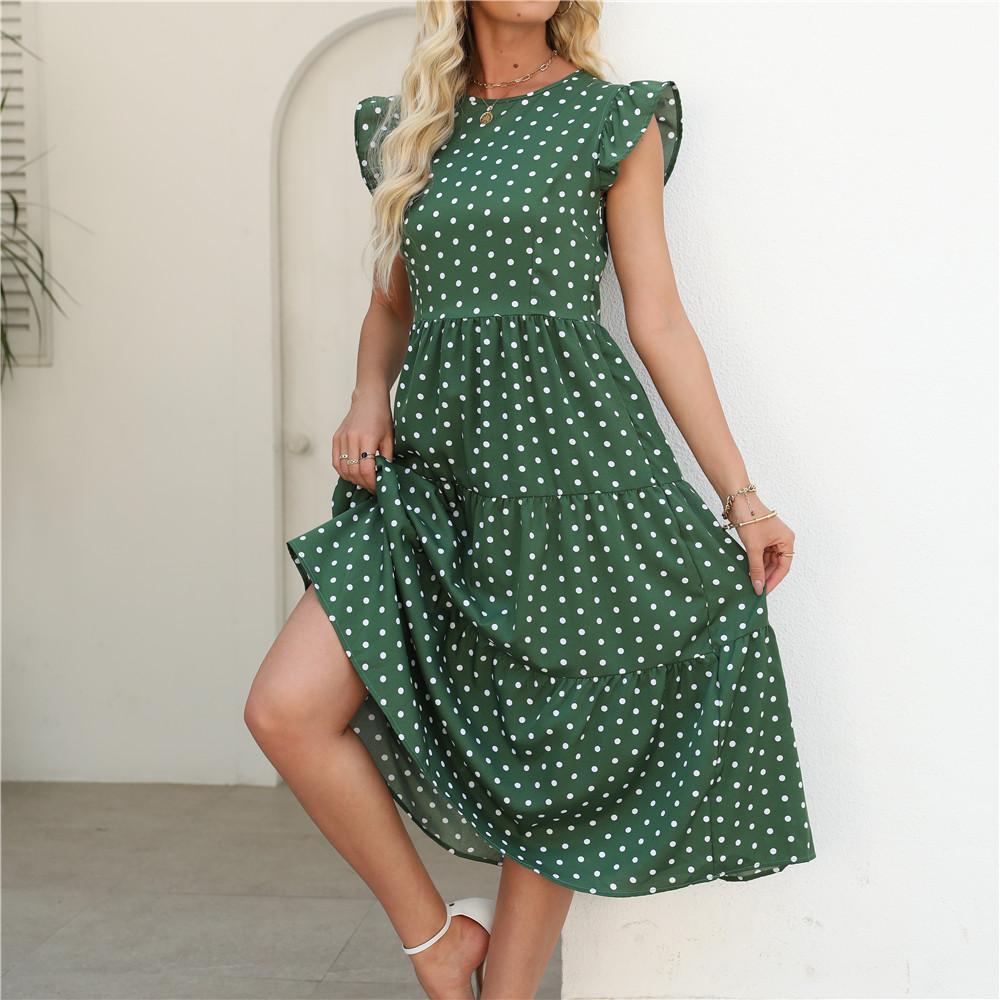 Polka Dot Print Summer Women Long Dress Round Neck Ruffled Sleeveless