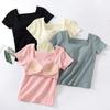 Women's Square Neck Ribbed T-Shirt with Built-In Bra and Slimming Chest Pad