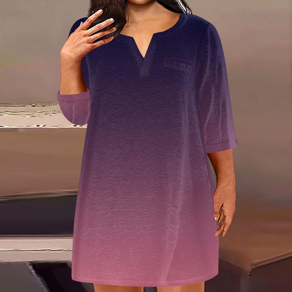 Women's Fashion Plus Size V-Neck Seven Sleeve Casual Printed Loose With Pockets Dresses