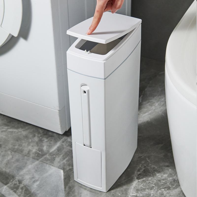 Ultra-Thin Home Bathroom Toilet Storage Bin with Toilet Brush and Lid - New Design with Brush Holder and Crevice Trash Can