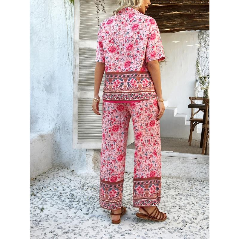 Women's Summer Print Contrasting Color Bohemian Vacation Short-sleeved Long Trousers Set