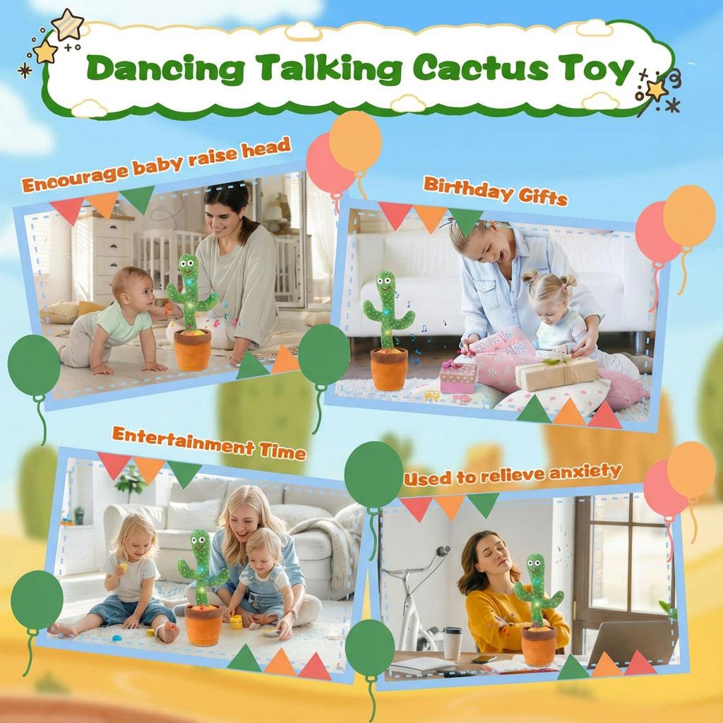 Funny Dancing Cactus Plush Toy Repeats What You Say with LED Lights and Music Interactive Stuffed Toy for Baby Toddlers