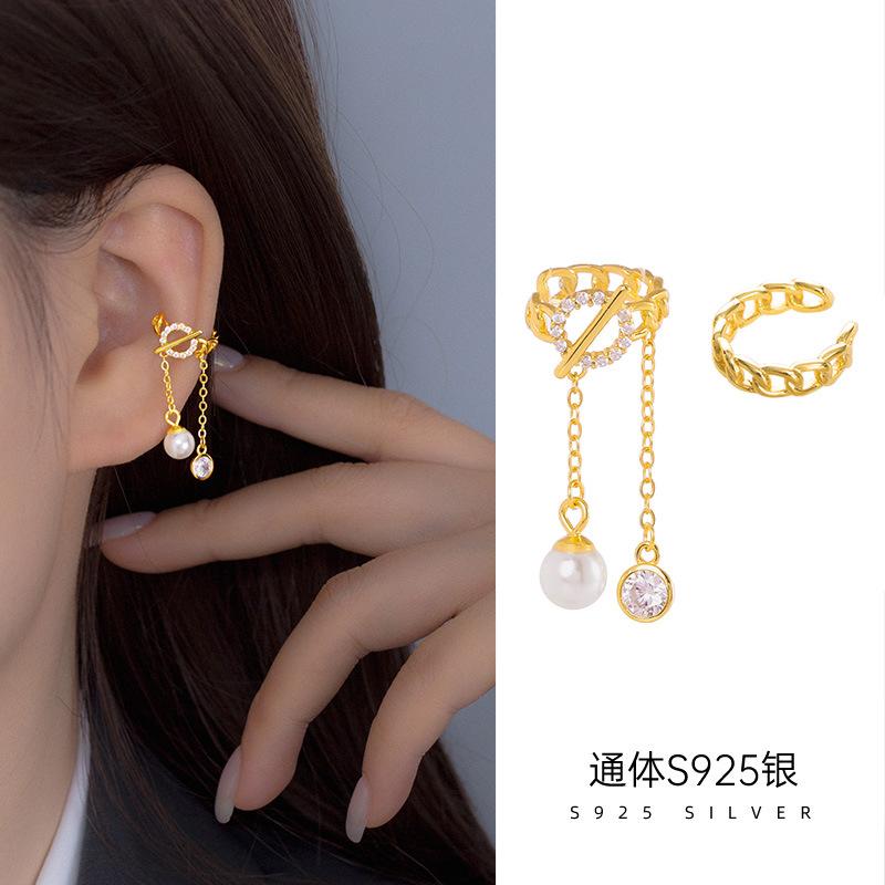 Fashion Jewelry 925 Sterling Silver Pearl Earring Asymmetrical Zircon Pearl Tassel Chain Gold Plated Ear Clip Hoop Earrings