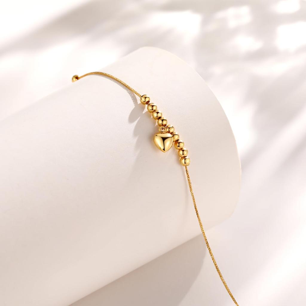 FANCIME K18 Yellow Gold Bracelet for Women Heart Pendant Ball 18K Gold Dangling Pendant Lucky Charm Christmas Birthday Anniversary Present Gift