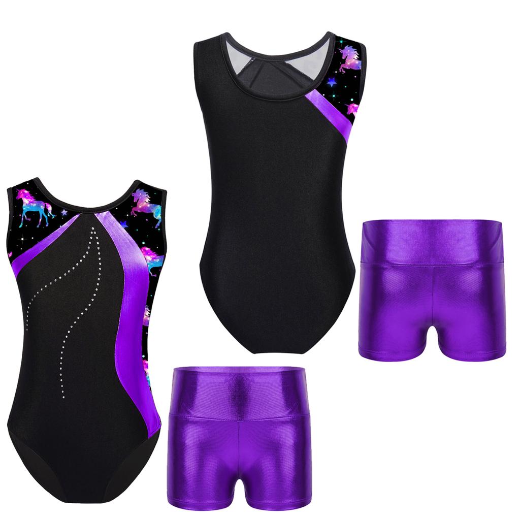 Детский лоскутный купальник без рукавов для девочек с металлизированными шортами с высокой талией, комплекты для танцев, катания на коньках, гимнастический комбинезон