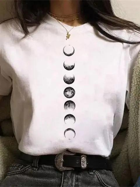 Maycaur Newest Funny Moon Print T Shirt Women White and Black Shirts Fashion Round Neck Short Sleeve T-Shirt Summer Tees Casual Top