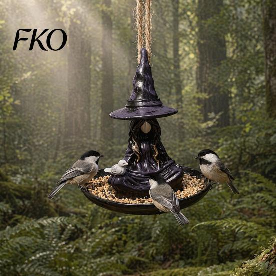 Wide Rim Bird Feeder Meditating Witch Feeder, Outdoor Hanging Deep Food Tray Waterproof Resin for Garden Decoration Spill-proof