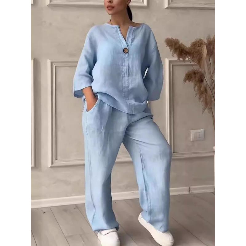 Европейский и американский летний модный женский комплект из хлопка и льна с V-образным вырезом и длинными рукавами на 2025 год