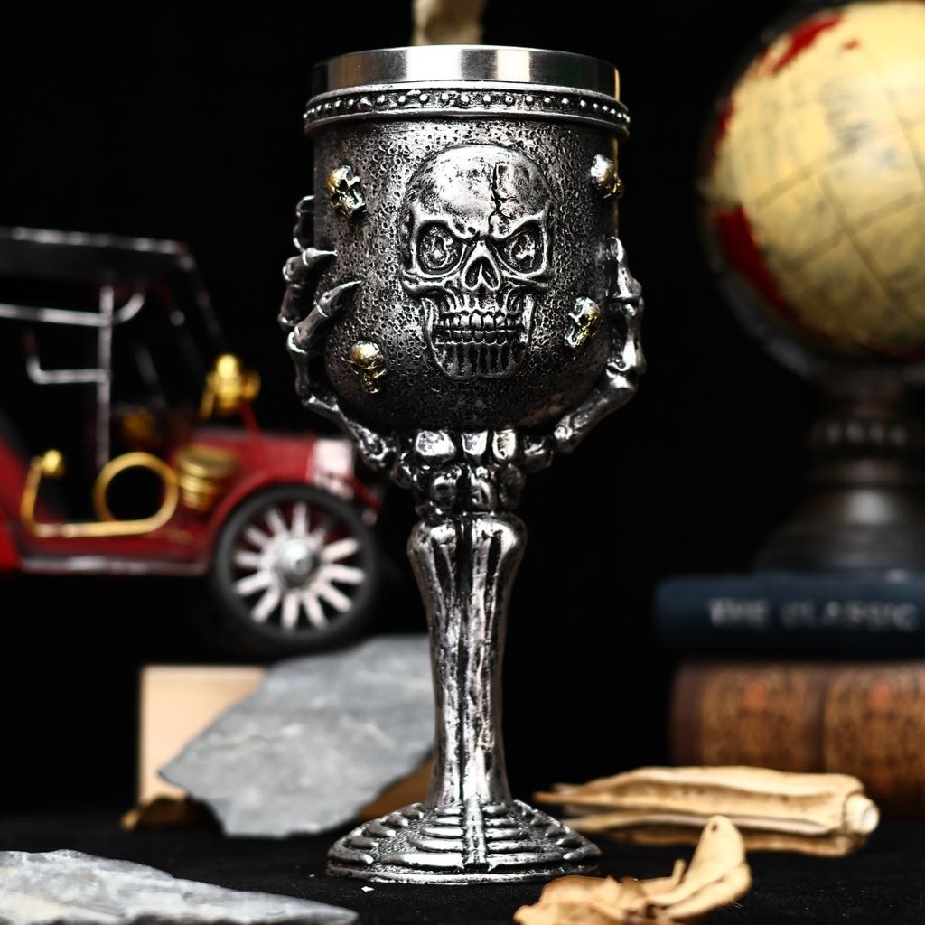 Medieval Goblet Dragon Chalice Silver Skulls Bones Fantasy Dragon Blood Wine Goblet Stainless Steel Halloween Coffee Beer Cup