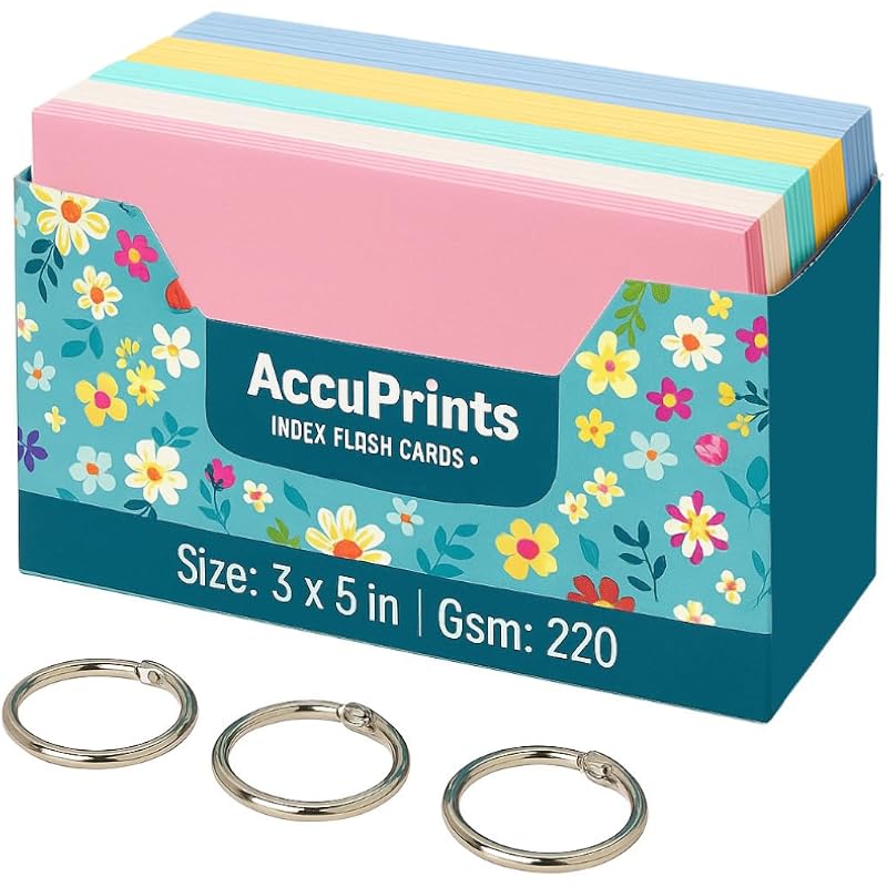 Accuprints 200 Coloured Index Flash Cards Tray - 5 Colours - 3X5 Inch - 200 Cards - Free Binder Rings - 200 Gsm Thick (U