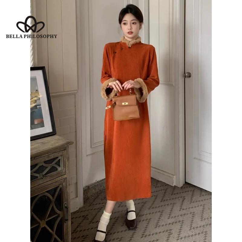 Winter Chinese Style Retro Solid Color Long Sleeved Female Plush Thickened Split Long Dress