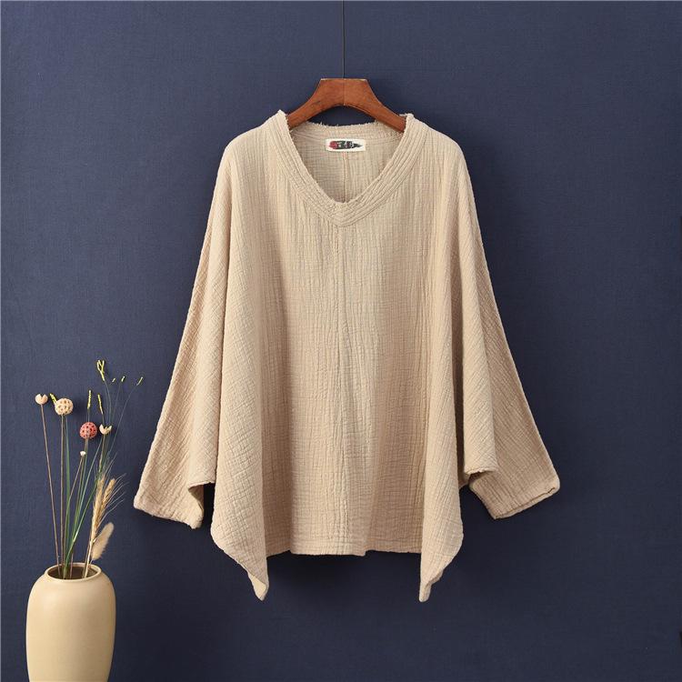 2025 Spring/Summer Women's Chinese Retro Slimming V-Neck Cotton/Linen Bat Sleeve T-Shirt
