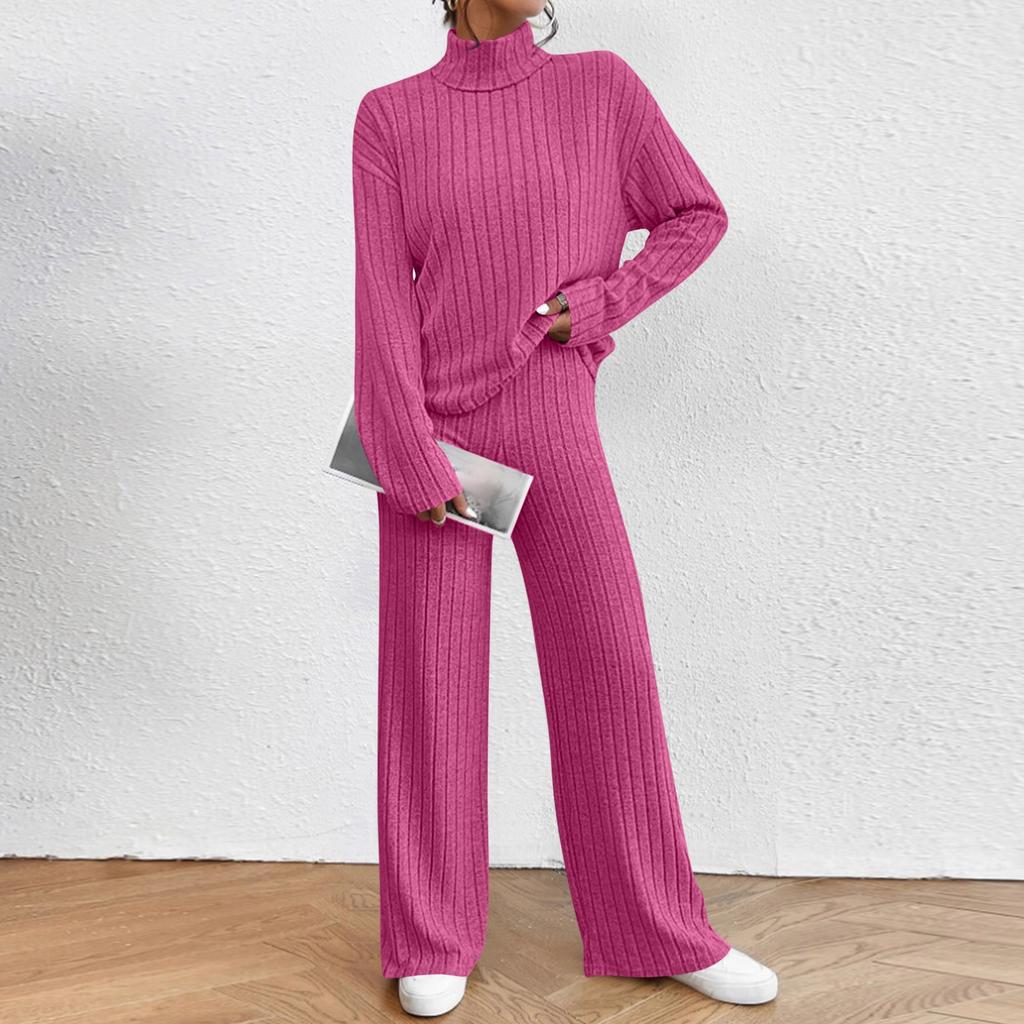 Женский модный однотонный топ с высоким воротником и длинным рукавом, повседневные брюки с эластичной талией, комплект из двух предметов