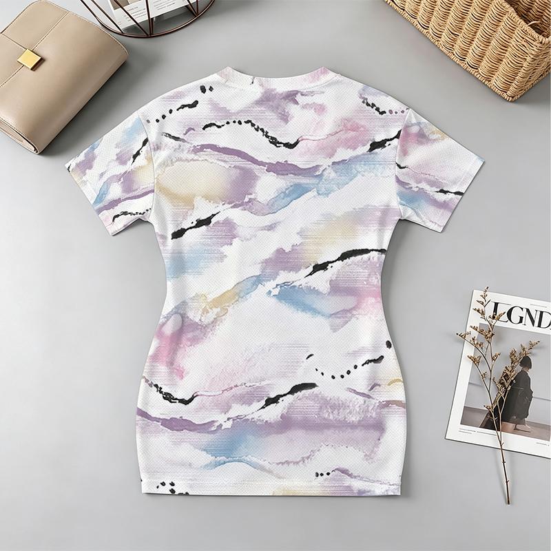 V-Neck Short Sleeve Dress Light Mature Style,Fashion Watercolor Print,Fitted Comfy,Perfect for Beach Vacation Summer Parties,Effortless Summer Chic