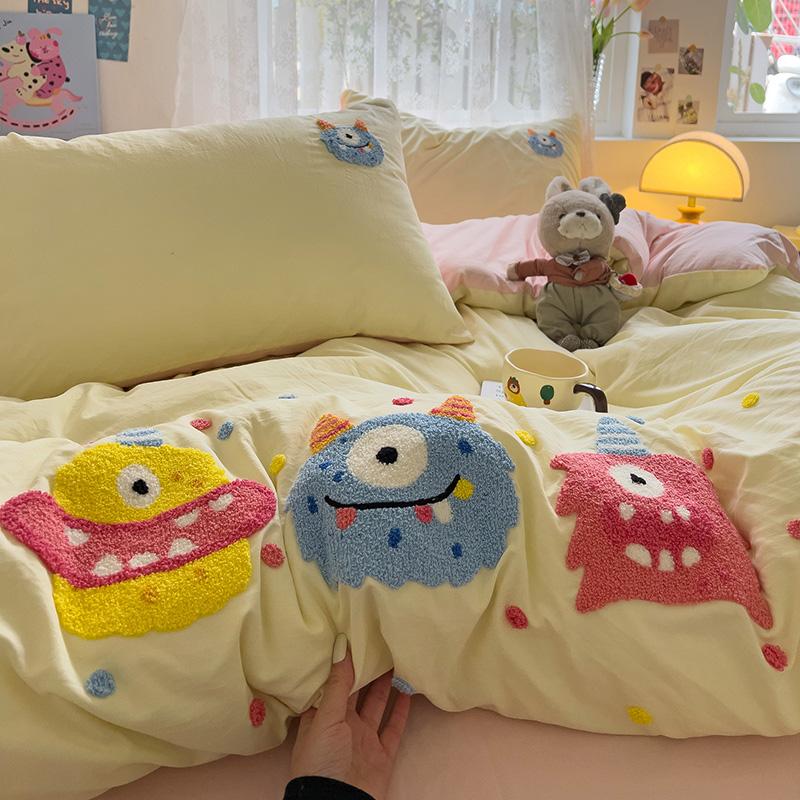Cartoon Animal Embroidery Bedding Set For Adults Kids Cute Flat Fitted Sheet With Pillowcases Washed Cotton Colorful Full Size