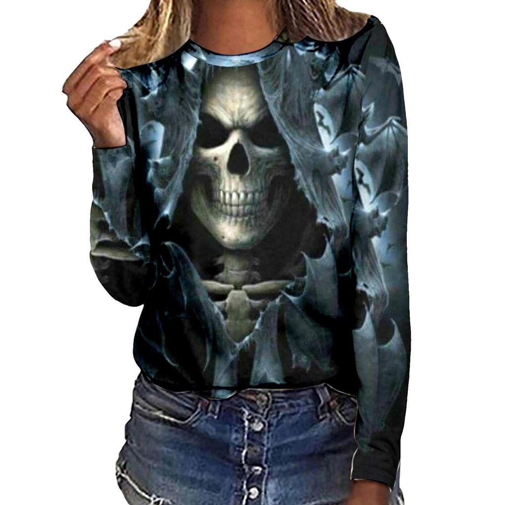 Cartoon Printed Women Street T-shirt Theme Sports Long Sleeve 3D Tees Halloween T-shirts Autumn Pullovers Top