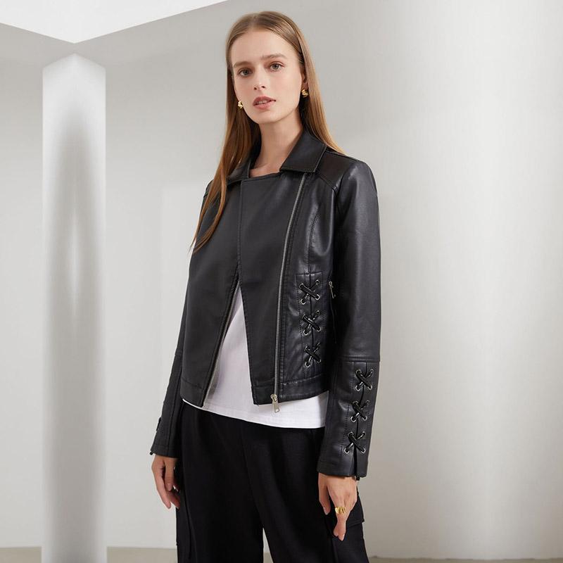 Women Turn Down Collar Long Sleeve Woven Lace Up Solid Color Leather Pu Jacket S-4XL