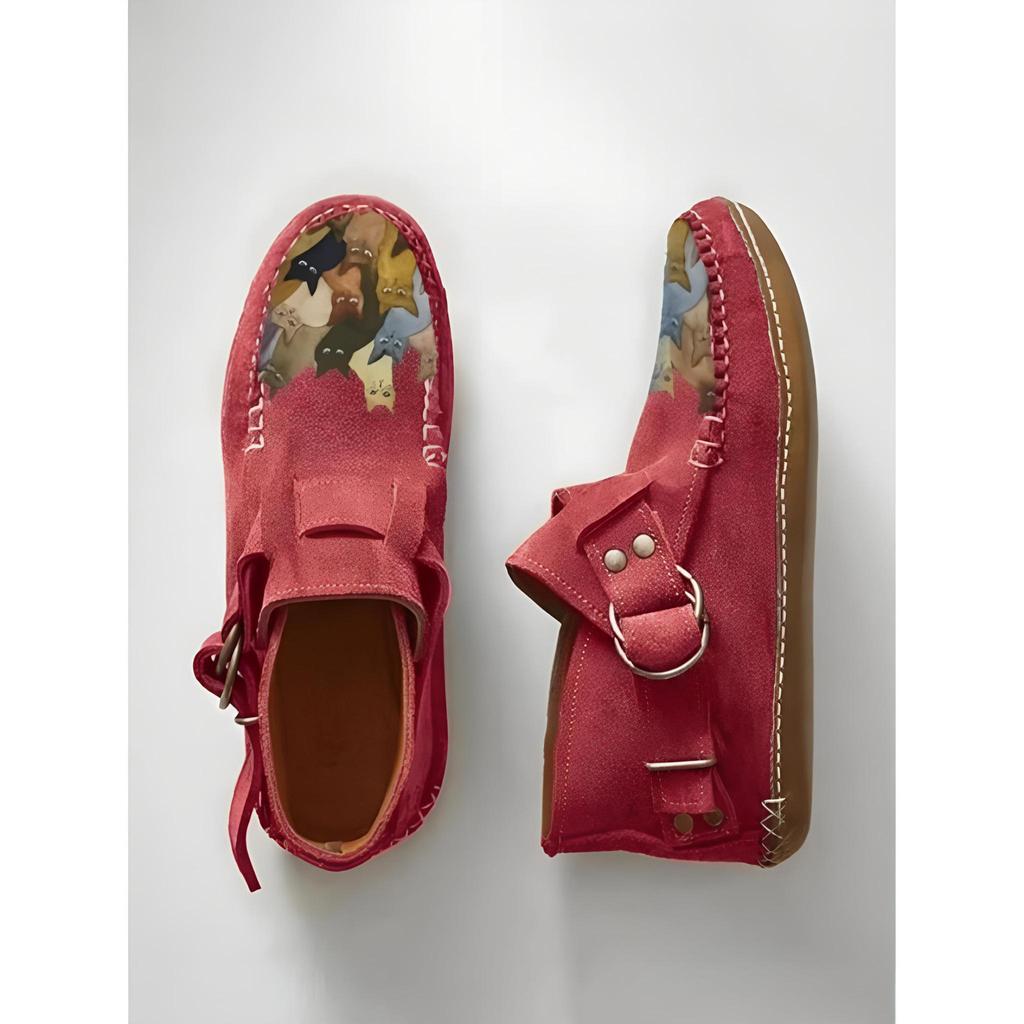Ботинки Plover женские Comfort Cartoon Cat Printed Leather Button Casual Flat Ankle - 6 Purple