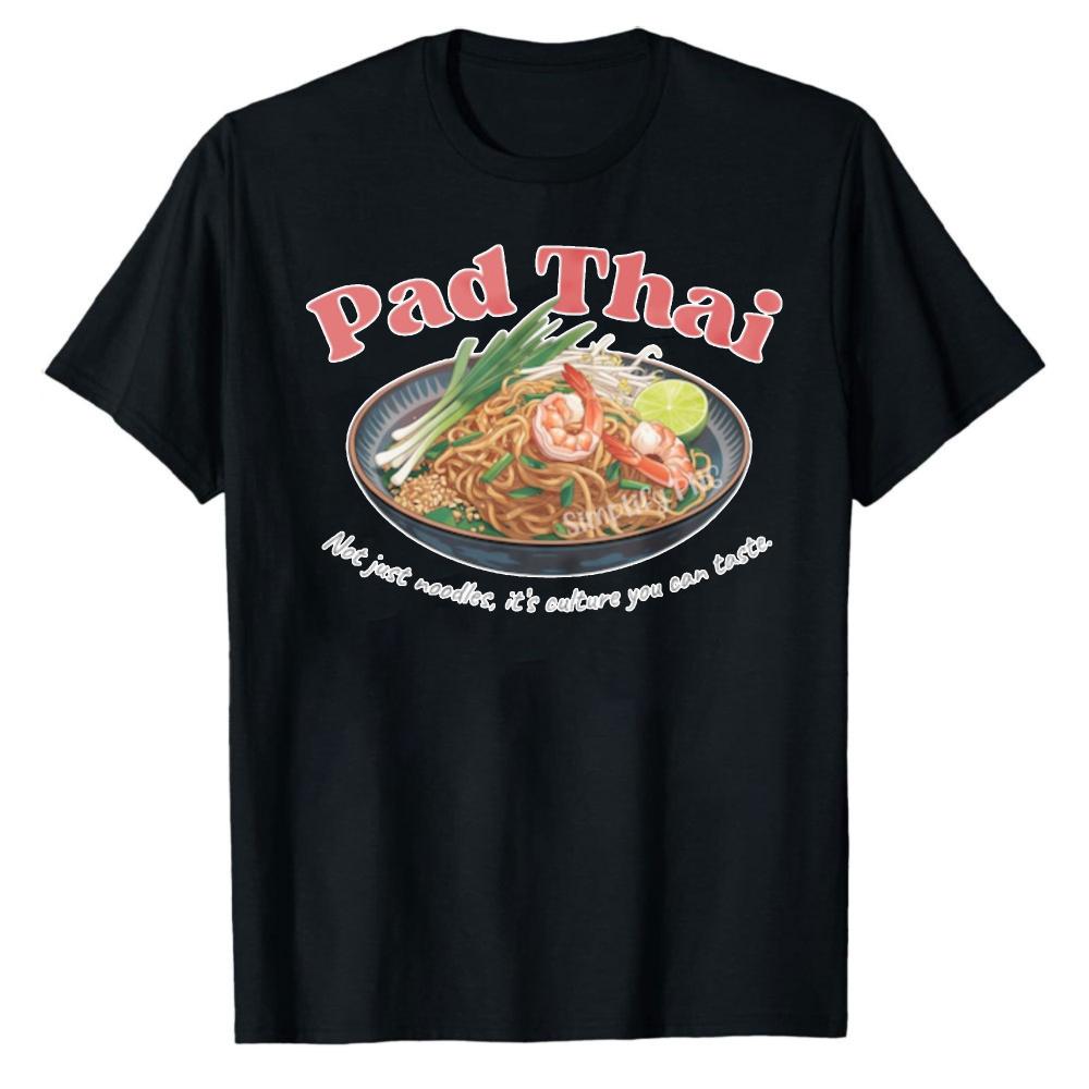Watercolor Pad Thai Food Illustration Short Sleeve Crew Neck Cotton T Shirt Relaxed Fit Noodles Shrimp Lime Green Onions Tops