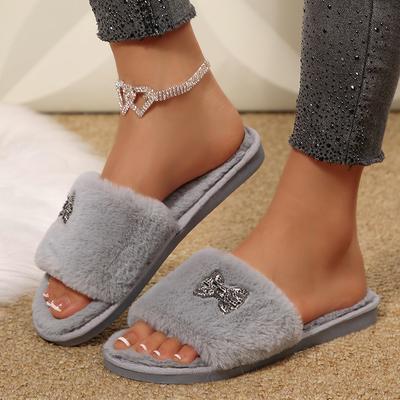 Мода Мода Бант Декор Плюшевые Тапочки Женские Мягкие Пушистые Домашние Хлопковые Тапочки Женские С Открытым Носком Нескользящие Хлопковые Шлепанцы Женские