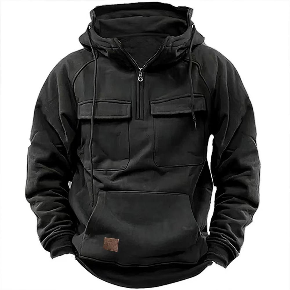 Half Zipper Men's Hoodies Solid Warm Fleece Sweatshirts Multi Pockets Male Hooded Jackets Thick Outdoor