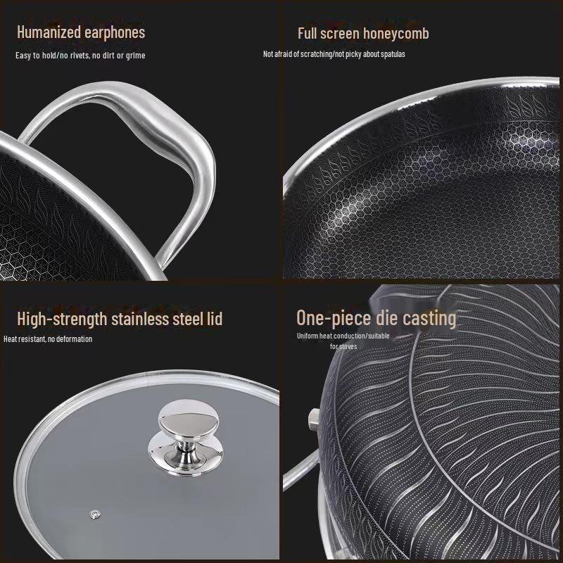 Сковорода из нержавеющей стали 316 с двойными ушками и сотовым покрытием, антипригарная, с крышкой, плоским дном, без покрытия.