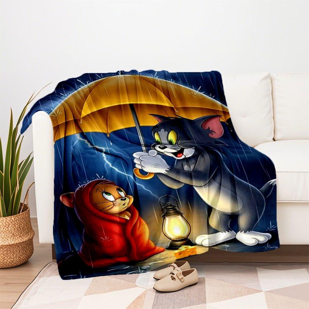 Tom and Jerry Rainy Night Adventure Poster PrintBlanket Flannel Throw Blanket for Sofa, Bed, Travel, Camping, Office