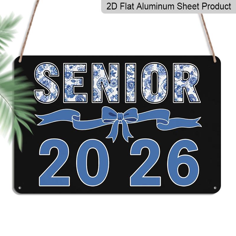 2D Flat, 1pc Senior 2026 Aluminium Sign 8x12 Inch - Blue Porcelain Floral Letter & Bow Design, Class of 2026 Graduation Decor, Senior Year Wall