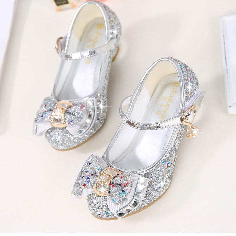 Кожаные туфли принцессы для девочек, танцевальная обувь, повседневная блестящая детская обувь для девочек на высоком каблуке, с узлом-бабочкой